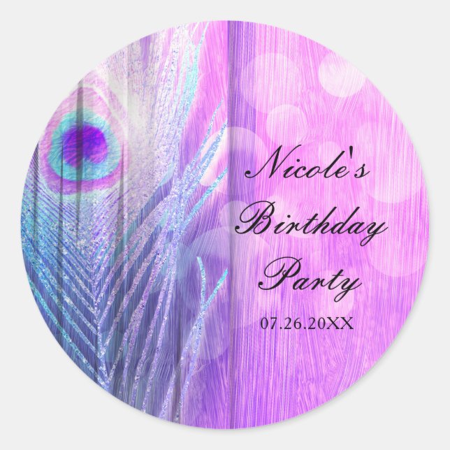 Peacock Feather Pink & Blue Boho Party Favor Classic Round Sticker (Front)