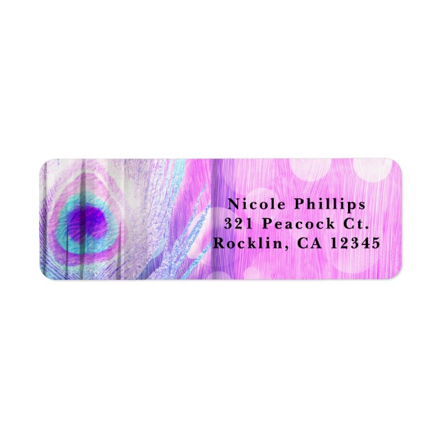 Peacock Feather Pink & Blue Boho Party Invitation Label (Front)