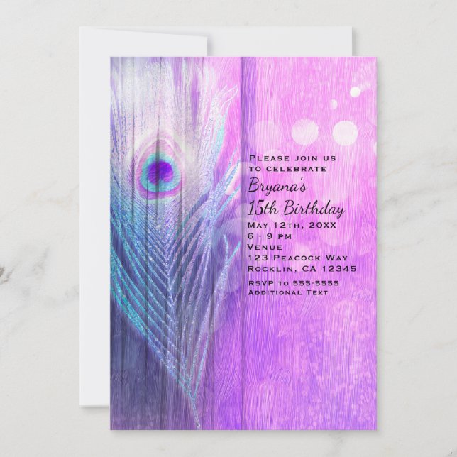 Peacock Feather Pink & Blue Boho Party Invitations (Front)