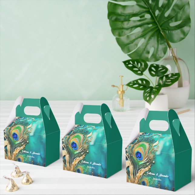 Peacock feather plum teal green gold luxury bridal favor boxes (Multiple)