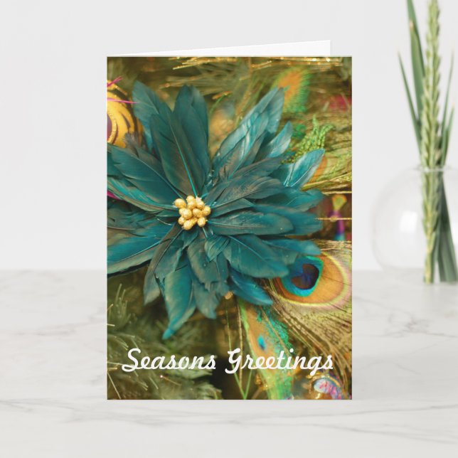 Peacock Feather Poinsettia Christmas Greeting Card (Front)