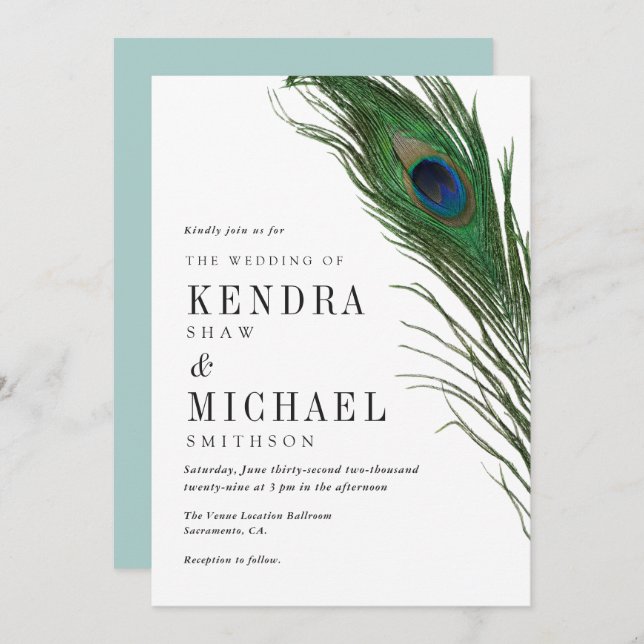 Peacock Feather Poise Green Back Wedding Invite (Front/Back)
