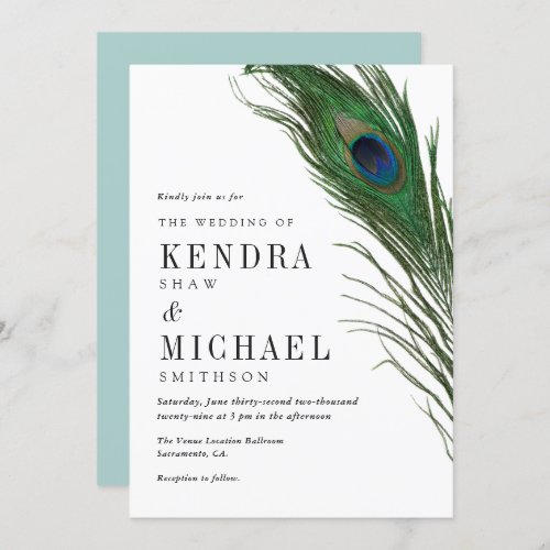 Peacock Feather Poise Green Back Wedding Invite