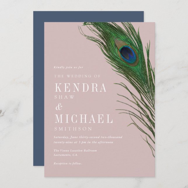Peacock Feather Poise Peach Theme Wedding Invite (Front/Back)