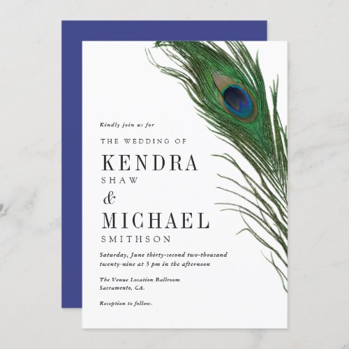 Peacock Feather Poise Purple Back Wedding Invite