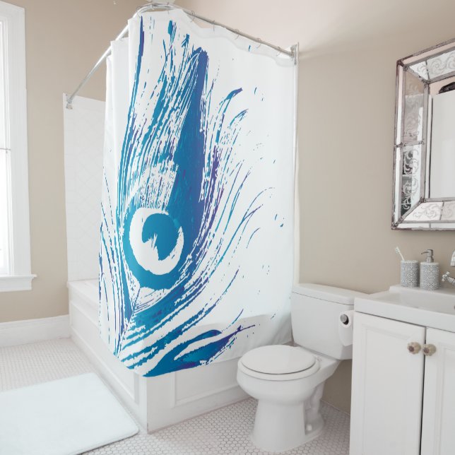 Peacock Feather Purple Blue Splatter Shower Curtain (In Situ)