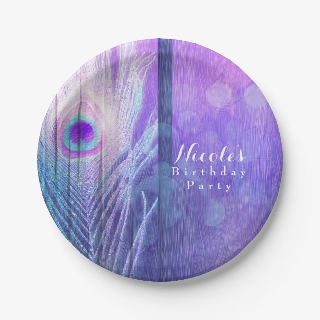 Peacock Feather Purple Glam Boho Chic Custom Party Paper Plates (Front)