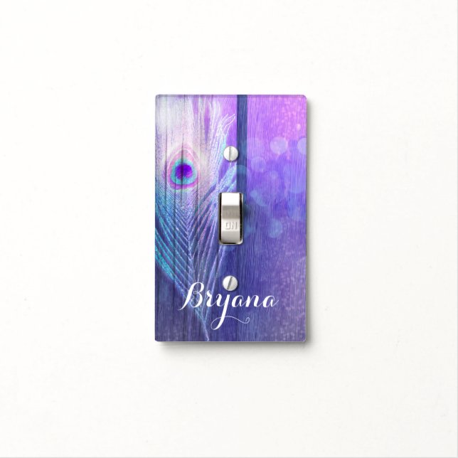 Peacock Feather Purple Glam Boho Chic Glam Custom Light Switch Cover (In Situ)