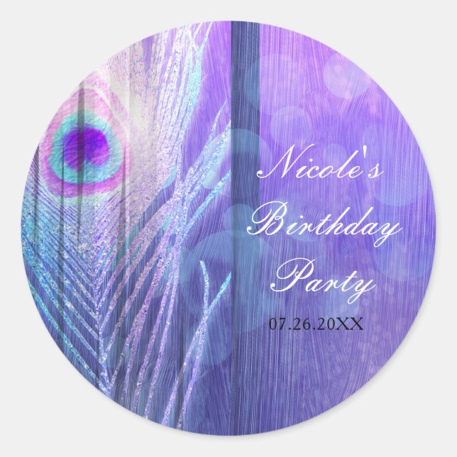 Peacock Feather Purple Glam Boho Party Favor Classic Round Sticker (Front)