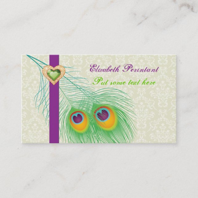 Peacock feather purple green eye catching business card (Front)