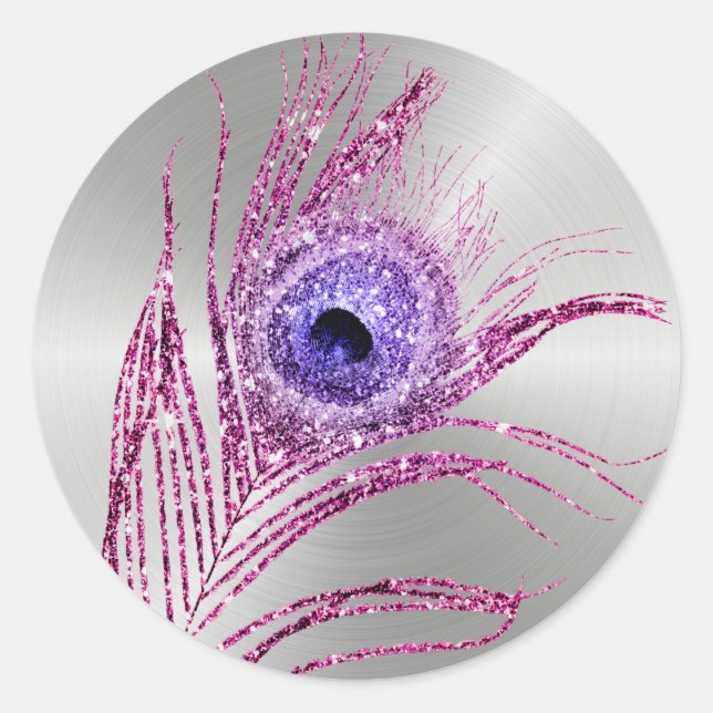 Peacock Feather Purple Mauve Glitter Classic Round Sticker (Front)