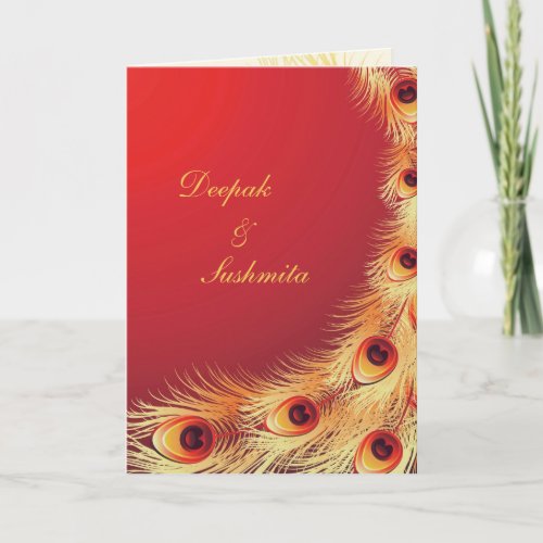 Peacock Feather Red Wedding Folded Invitation