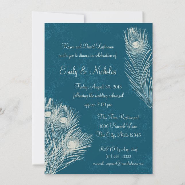 Peacock Feather Rehearsal Dinner Invitation (Front)