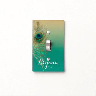 Peacock Feather Sand and Teal Boho Glam Elegant Light Switch Cover