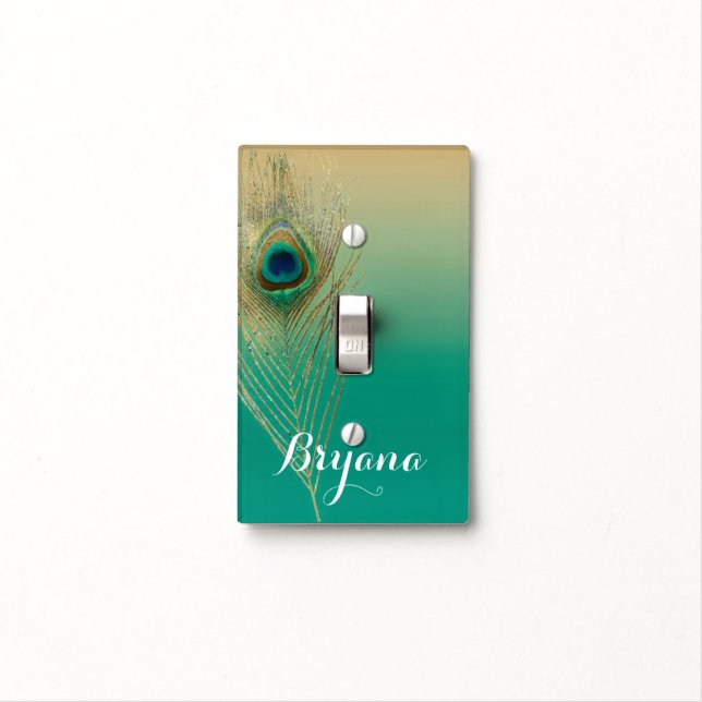 Peacock Feather Sand and Teal Boho Glam Elegant Light Switch Cover (In Situ)