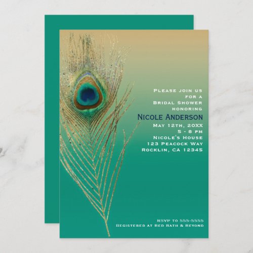 Peacock Feather Sand and Teal Boho Glam Invitation