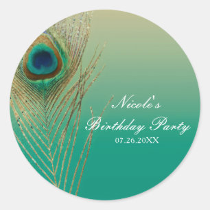 Peacock Feather Sand and Teal Boho Party Favor Classic Round Sticker