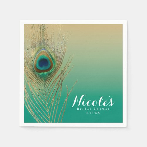 Peacock Feather Sand and Teal Boho Party Reception Paper Napkins