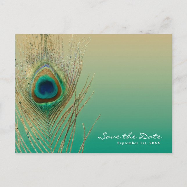 Peacock Feather Sand and Teal Boho Save the Date Announcement Postcard (Front)