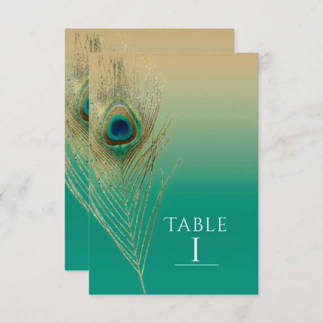 Peacock Feather Sand and Teal Boho Table Number (Front/Back)