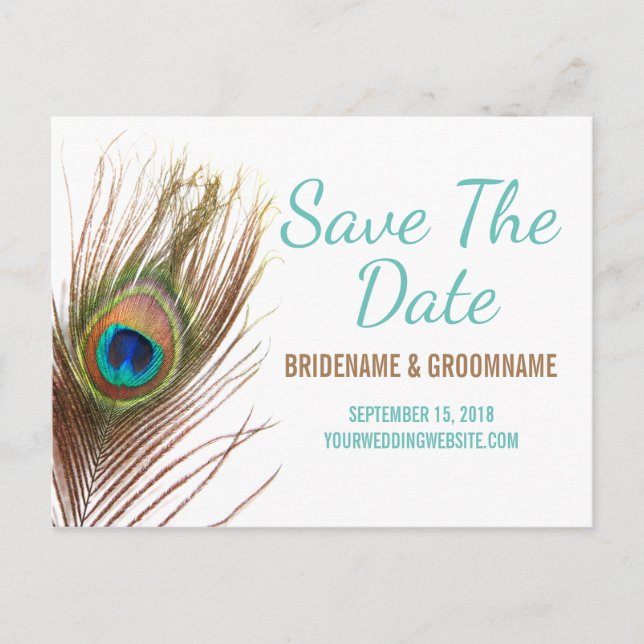 Peacock Feather Save The Date Announcement Postcard (Front)