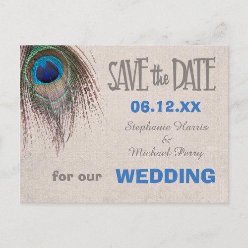 Peacock Feather Save the Date Wedding Postcard