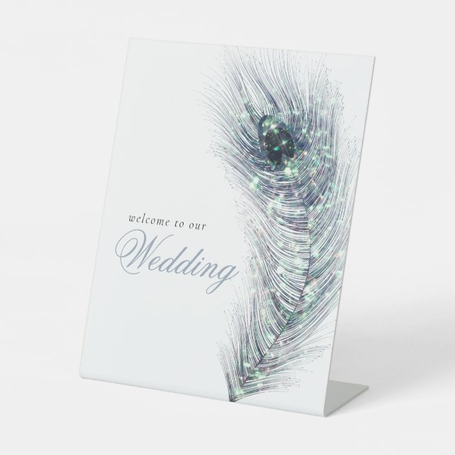 Peacock Feather Script Welcome to Wedding Pedestal Sign (Front)