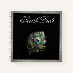 Peacock Feather, Silver Border Hard Cover Sketch Notebook