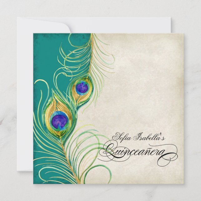 Peacock Feather Teal Blue Damask Quinceanera Party Invitation (Front)
