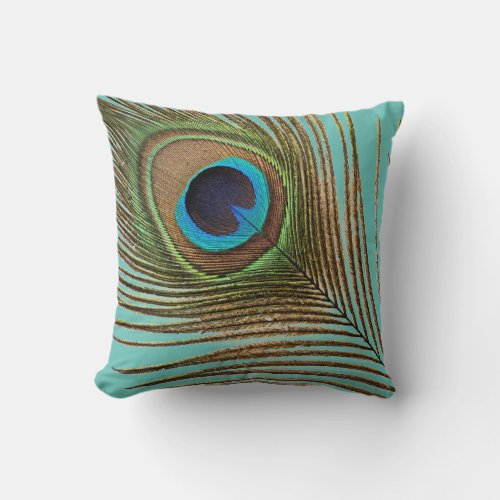 Peacock Feather Teal Blue Green Patterns Elegant Throw Pillow