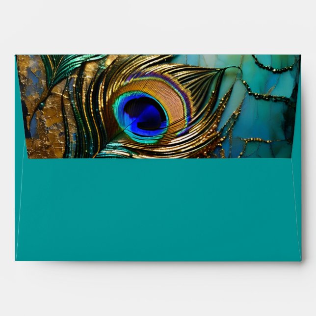 Peacock feather teal blue luxurious editable  envelope (Back (Top Flap))