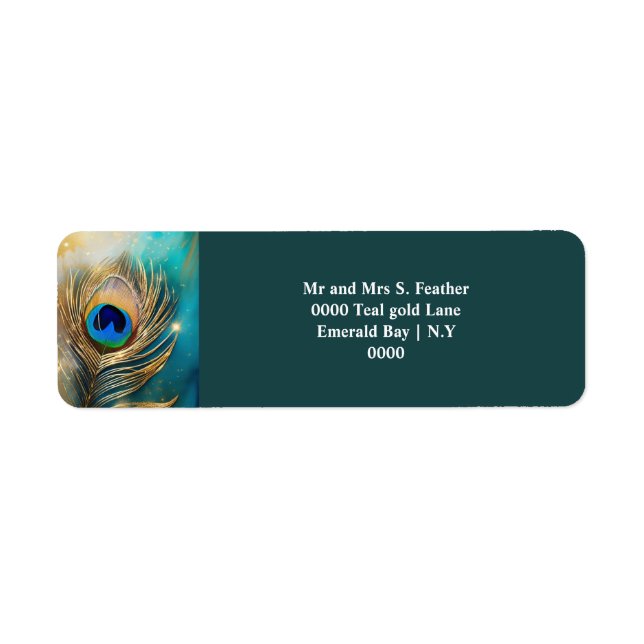 Peacock feather teal wedding return address guests label (Front)