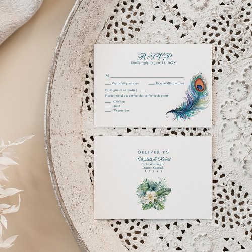 Peacock Feather Tropical Flowers Wedding RSVP Card