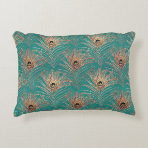 Peacock feather vintage pattern teal gold elegant accent pillow