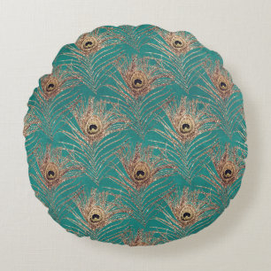 Peacock feather vintage pattern teal gold elegant round pillow