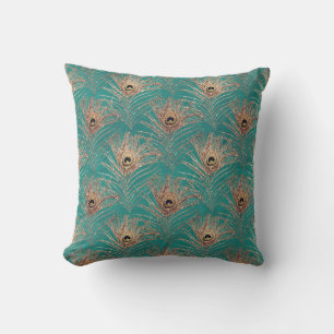Peacock feather vintage pattern teal gold elegant throw pillow