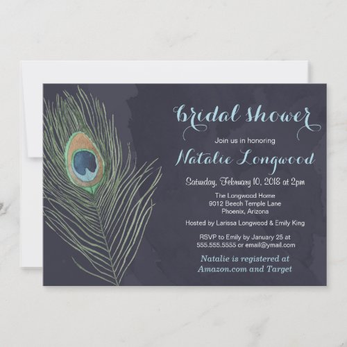 Peacock Feather Watercolor Baby or Bridal Shower Invitation