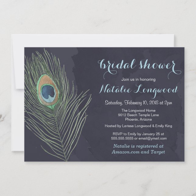 Peacock Feather Watercolor Baby or Bridal Shower Invitation (Front)