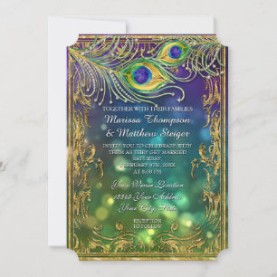 Peacock Feather Wedding Antique Vintage Mask Bokeh Invitation