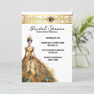 Peacock feather wedding dress bridal shower invitation