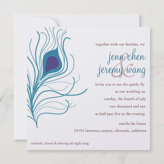 Peacock Feather Wedding eggplant & turquoise Invitation (Front)