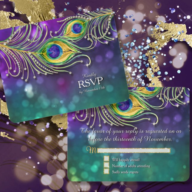 Peacock Feather Wedding Gold Glitter Jeweled RSVP Card (Creator Uploaded)