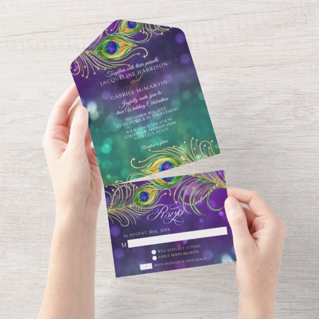 Peacock Feather Wedding Jeweled Feathers Bokeh All In One Invitation (Tearaway)