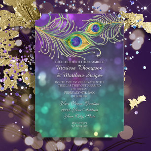 Peacock Feather Wedding Jeweled Feathers Bokeh Invitation