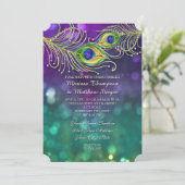 Peacock Feather Wedding Jeweled Feathers Bokeh Invitation (Standing Front)