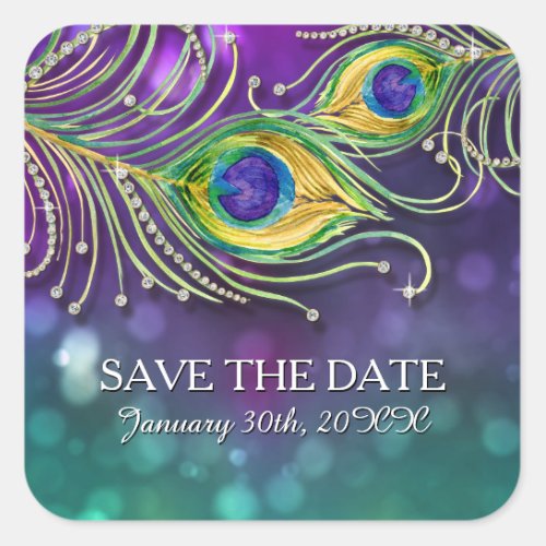 Peacock Feather Wedding Jeweled Feathers Bokeh Square Sticker