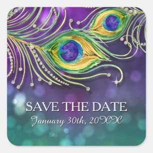 Peacock Feather Wedding Jeweled Feathers Bokeh Square Sticker