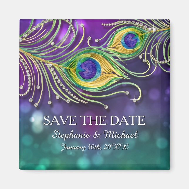 Peacock Feather Wedding Jeweled Save the Date Magnet (Front)