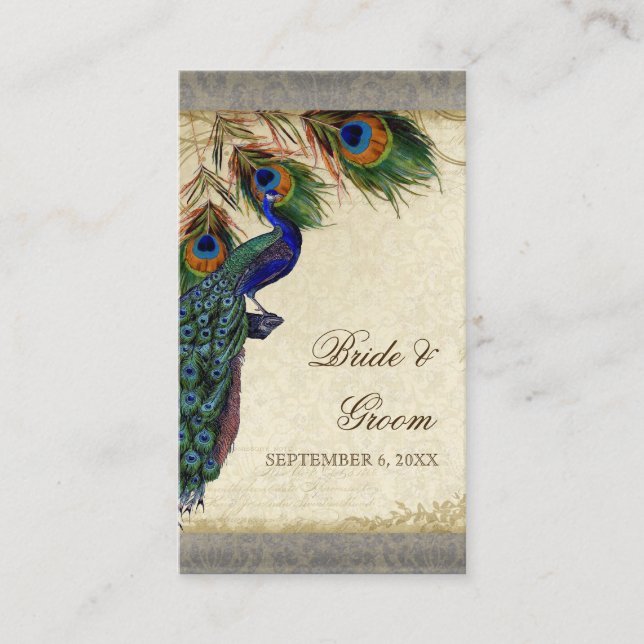 Peacock & Feather Wedding Table Seating Escort Place Card (Front)