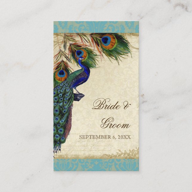 Peacock & Feather Wedding Table Seating Escort Place Card (Front)